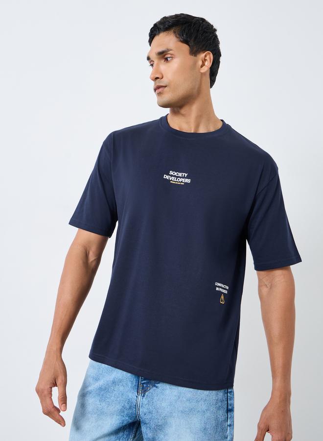 Styli Men Navy Blue Graphic Print Oversized T-Shirt - Image 2